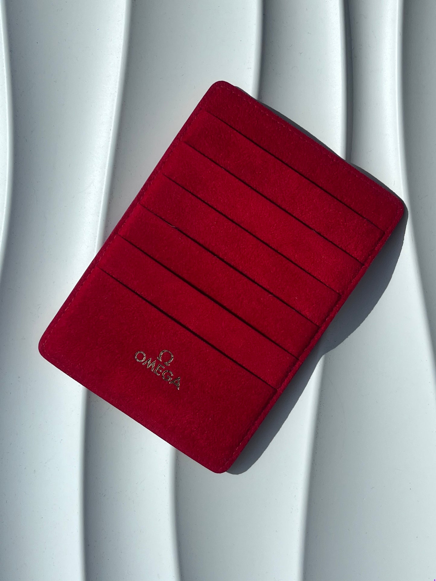 OMEGA RED SUEDE CARD HOLDER WALLET WITH 8 CARD SLOTS PRE-LOVED