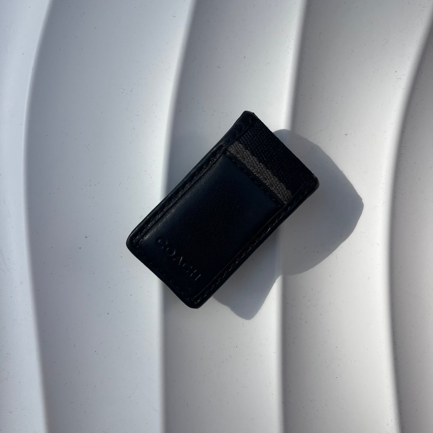 COACH BLACK LEATHER & SIGNATURE STRIPE MONEY CLIP WALLET