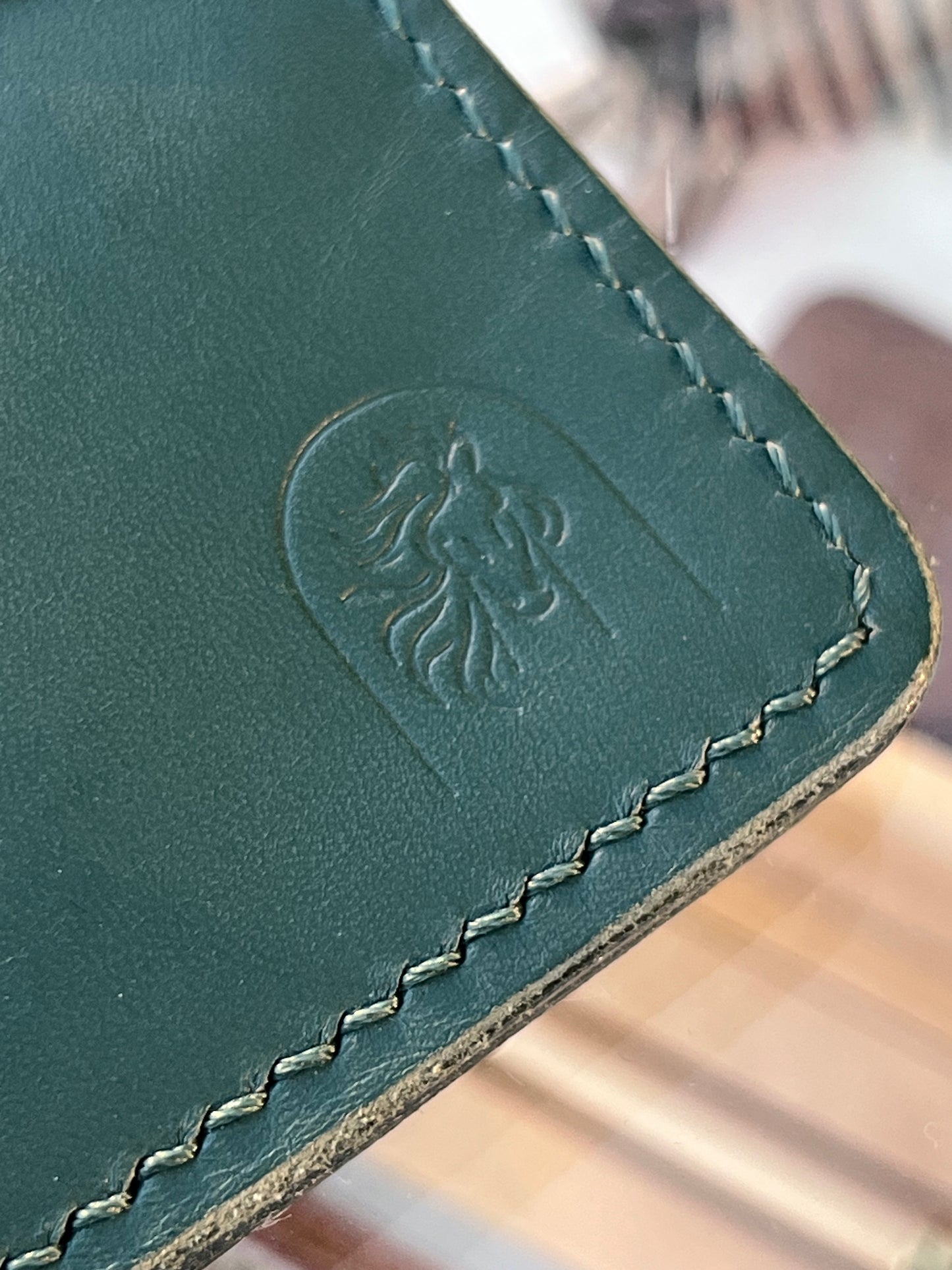 HANDMADE GREEN LEATHER LONG WALLET WITH SNAP CLOSURE AND CARD SLOTS