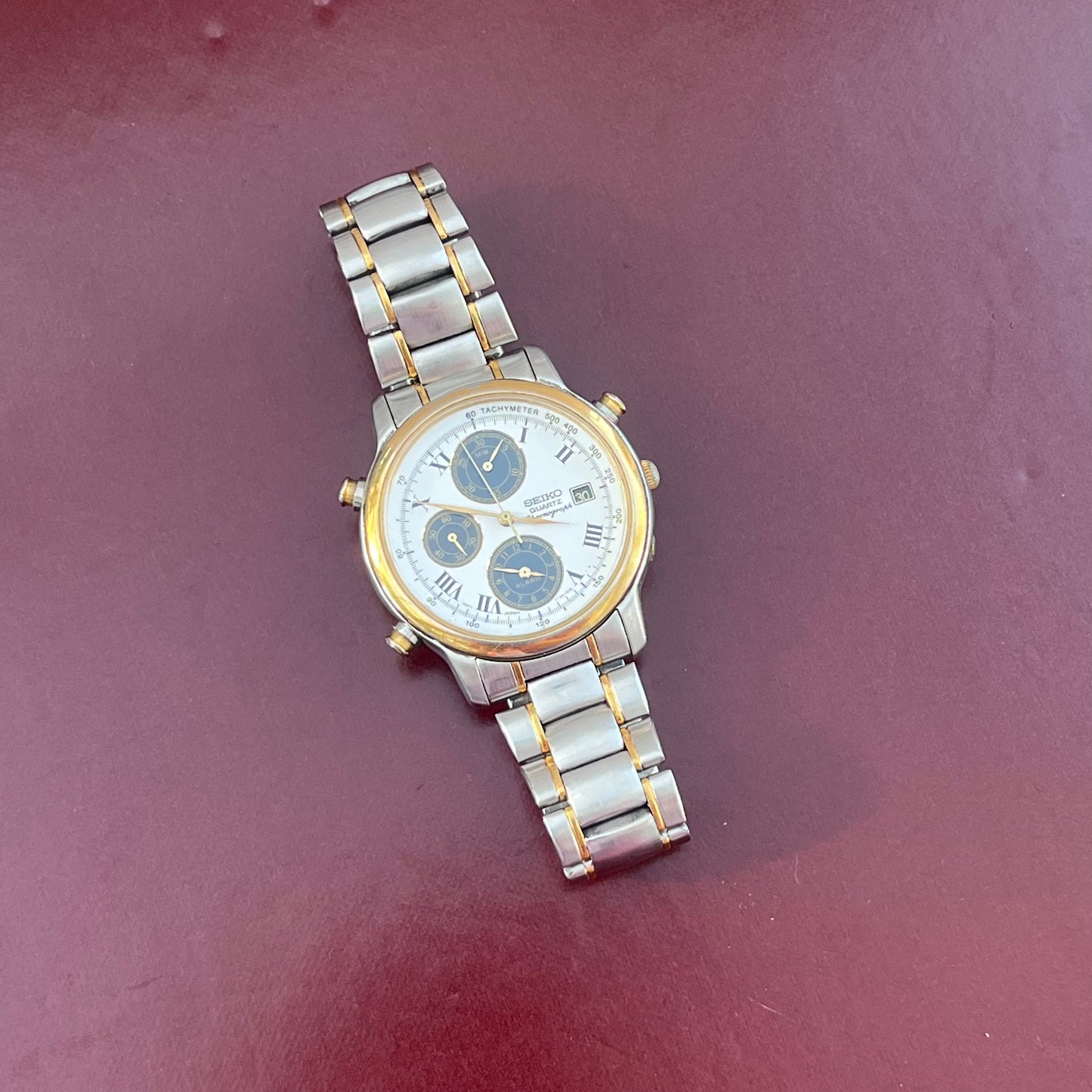 SEIKO CHRONOGRAPH ALARM TWO-TONE WHITE ROMAN DIAL QUARTZ PRELOVED WATCH