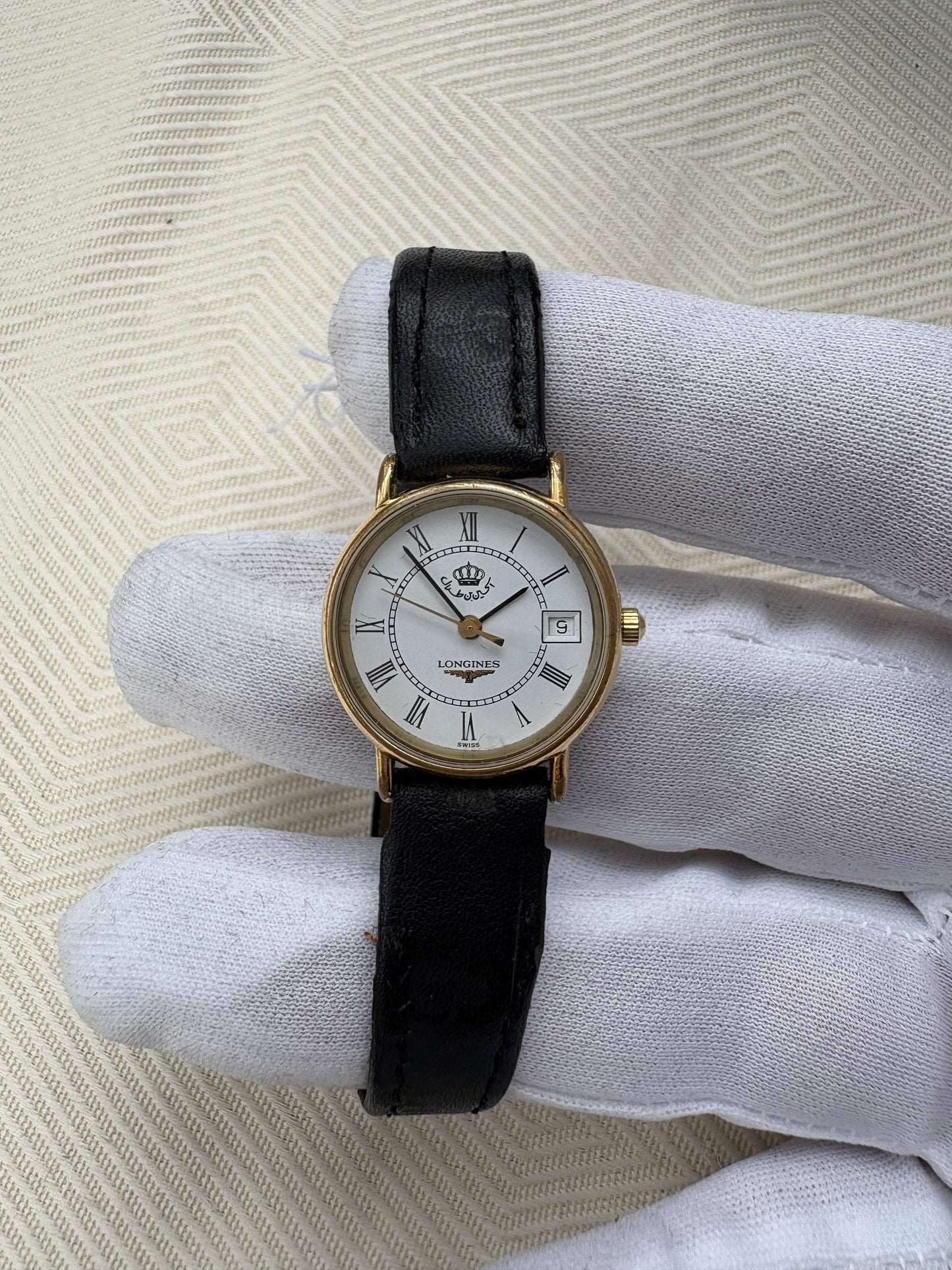 LONGINES LADIES KING OF JORDAN KING HUSSAIN SIGNED DIAL 1990s GOLD PLATED PREOWNED QUARTZ SWISS WATCH