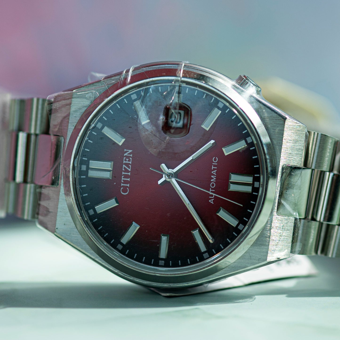 CITIZEN TSUYOSA SUNBURST BURGUNDY DIAL NEVER-USED AUTOMATIC STEEL JAPAN FULL SET WATCH