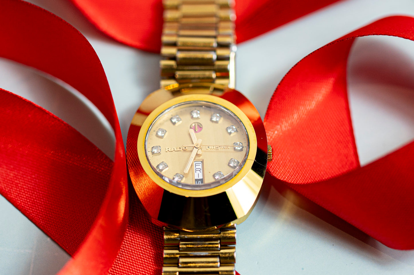 RADO DIASTAR 2000s AUTOMATIC CERAMIC (CRACKED) CASE GOLD PLATED DAY DATE SWISS PRELOVED WATCH