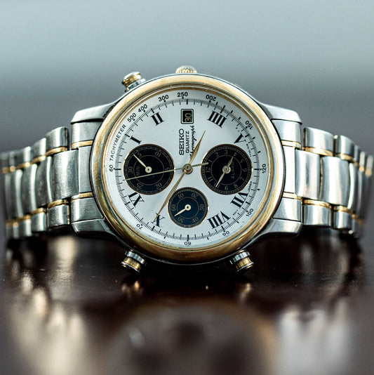 SEIKO CHRONOGRAPH ALARM TWO-TONE WHITE ROMAN DIAL QUARTZ PRELOVED WATCH