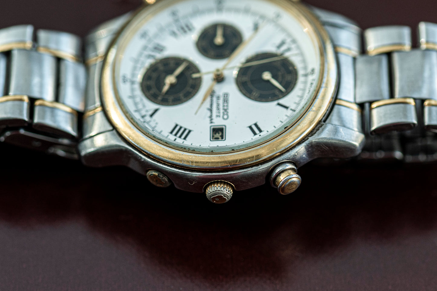 SEIKO CHRONOGRAPH ALARM TWO-TONE WHITE ROMAN DIAL QUARTZ PRELOVED WATCH