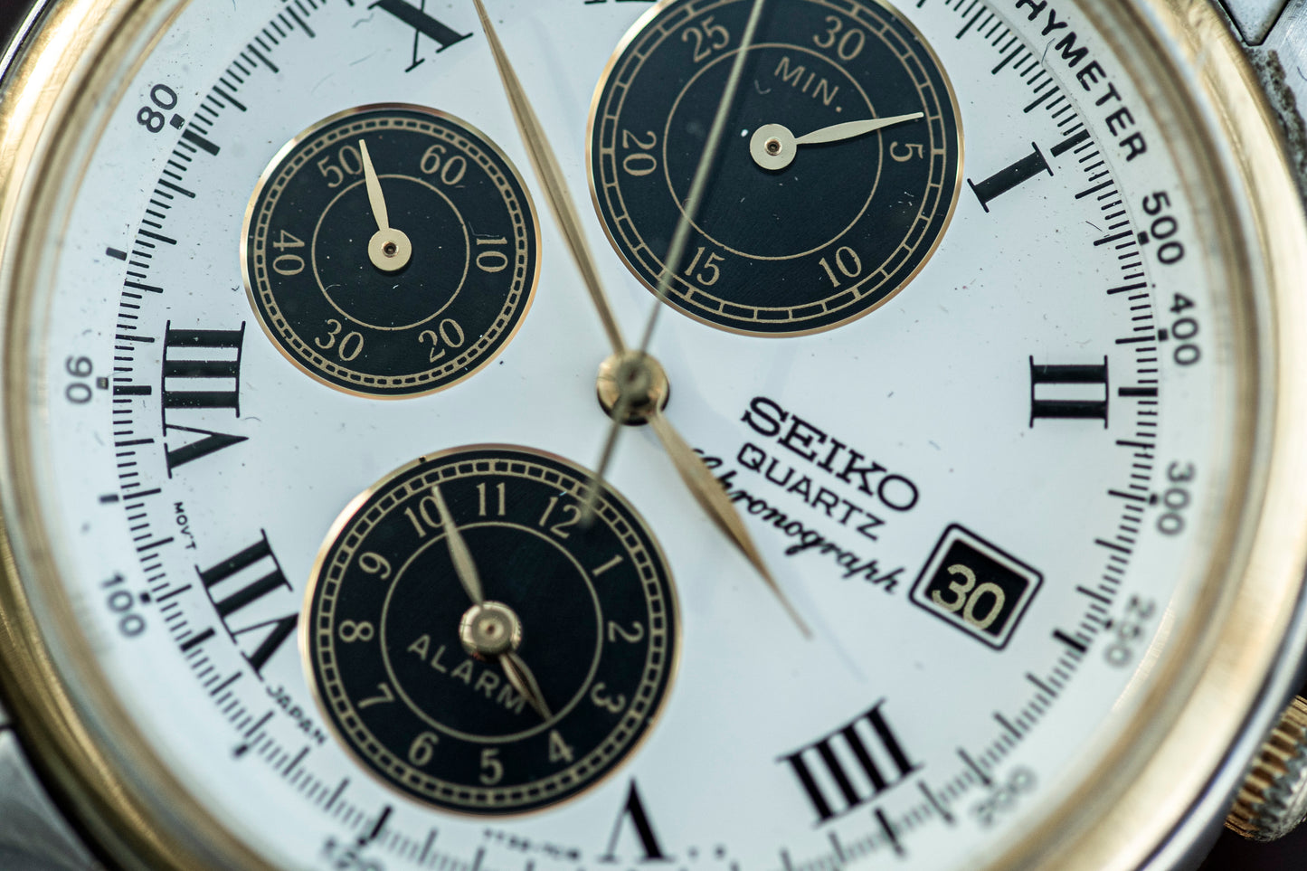 SEIKO CHRONOGRAPH ALARM TWO-TONE WHITE ROMAN DIAL QUARTZ PRELOVED WATCH