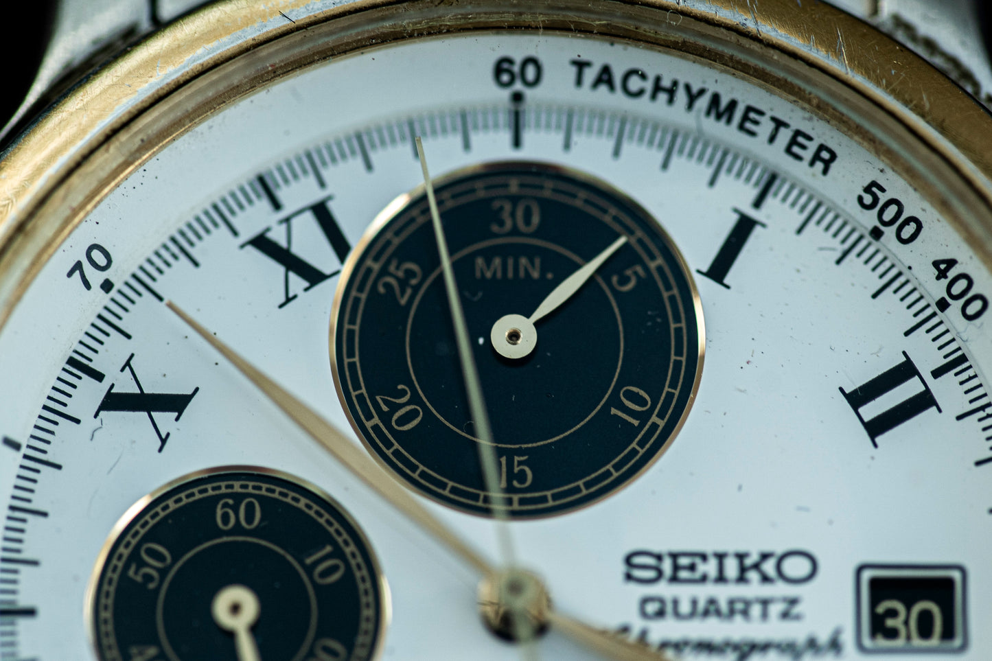 SEIKO CHRONOGRAPH ALARM TWO-TONE WHITE ROMAN DIAL QUARTZ PRELOVED WATCH