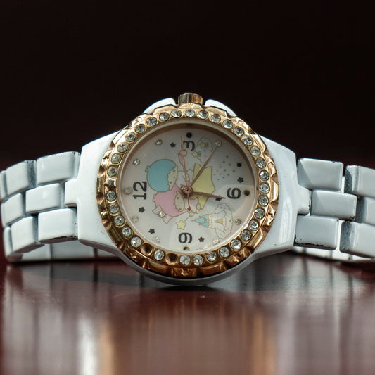 SANRIO LITTLE TWIN STARS WHITE CERAMIC CRYSTAL BEZEL QUARTZ PRELOVED WATCH