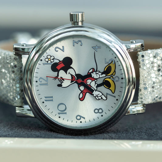 DISNEY MINNIE MOUSE SILVER DIAL QUARTZ PRELOVED WATCH WITH GLITTER STRAP