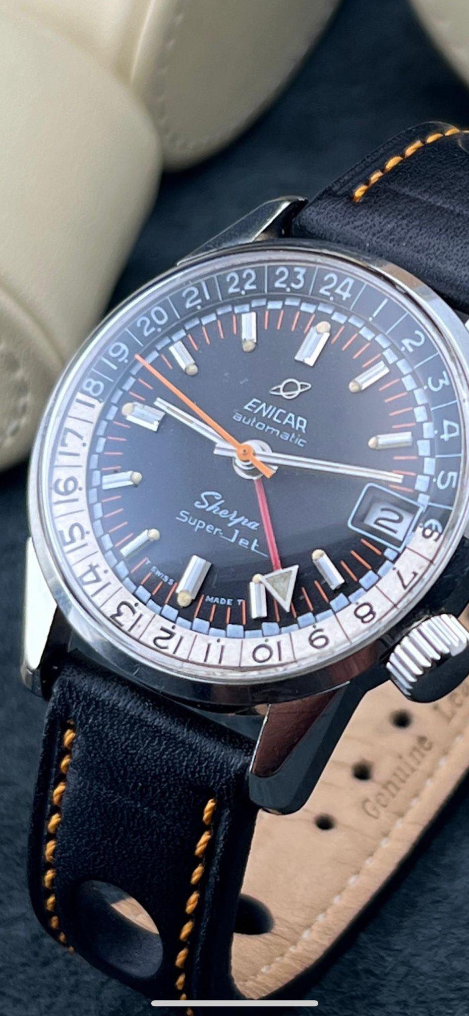 ENICAR SHERPA GMT AUTOMATIC UNIQUE WATCH 1960s IN UNIQUE CONDITION SWISS