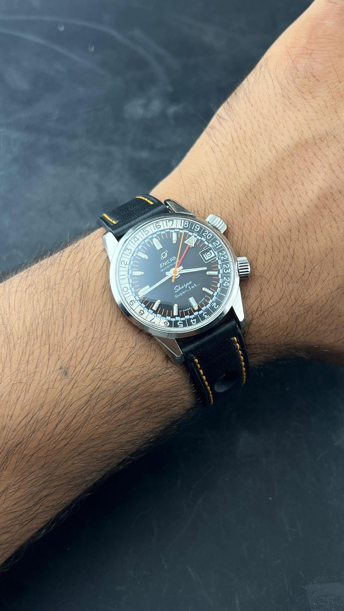 ENICAR SHERPA GMT AUTOMATIC UNIQUE WATCH 1960s IN UNIQUE CONDITION SWISS