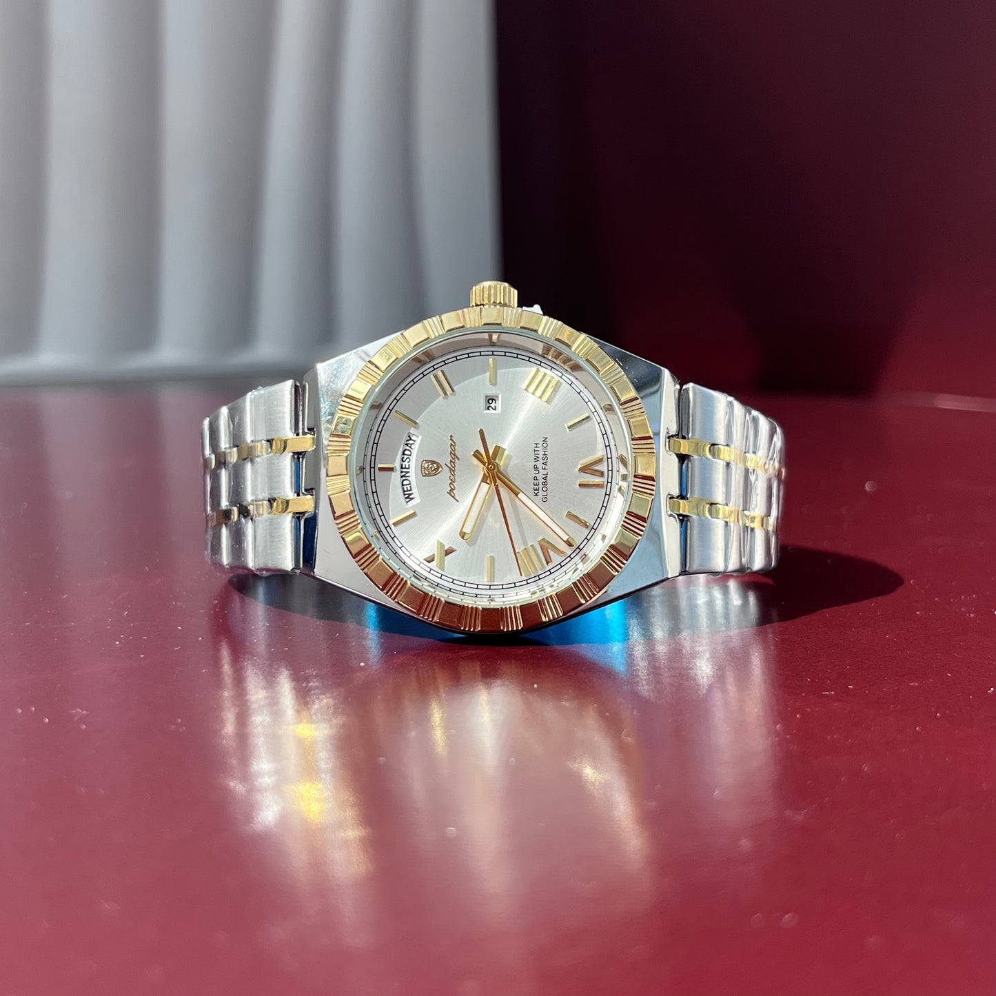 POEDAGAR DAY-DATE TWO TONE QUARTZ BRAND NEW FASHION WATCH