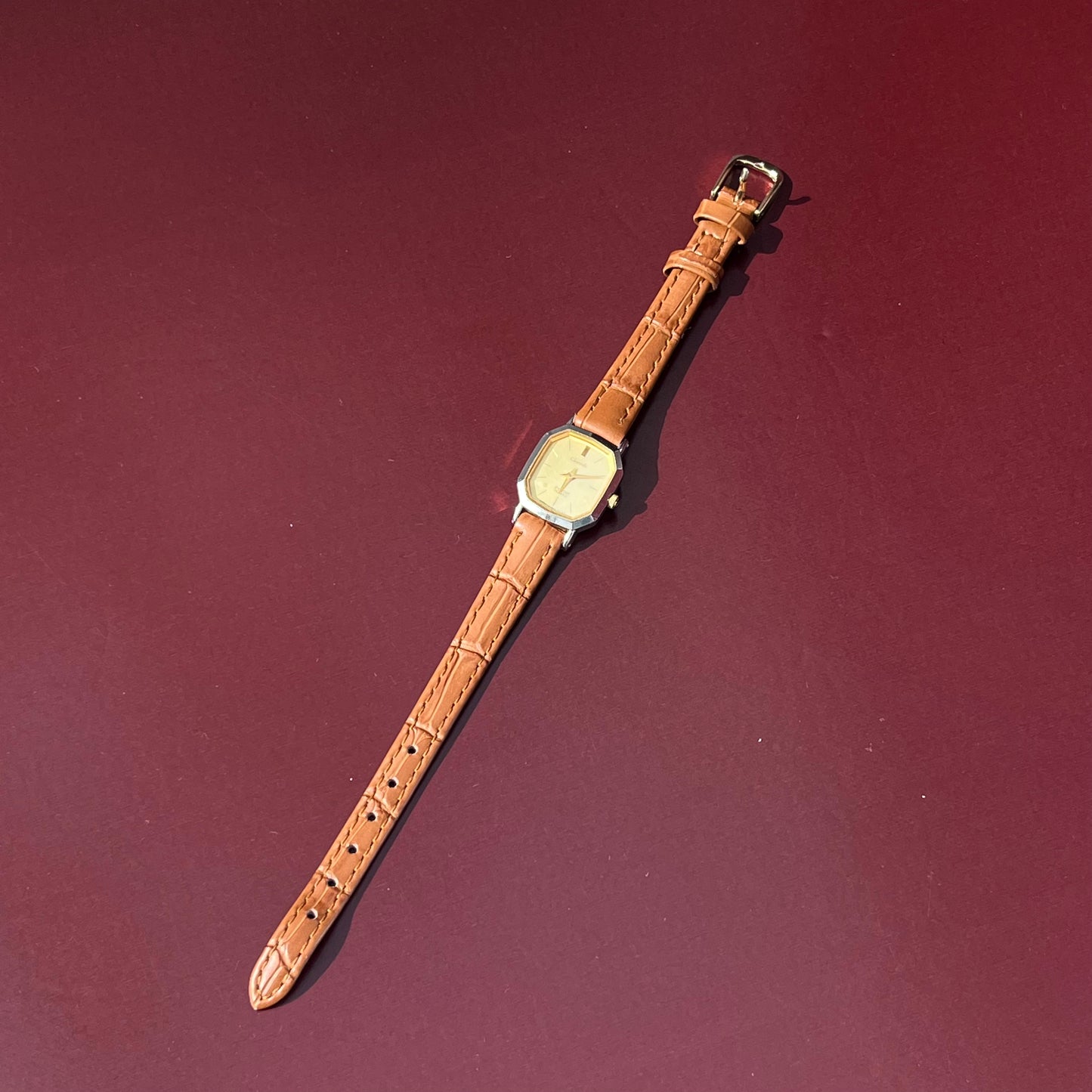 CHARVALE RICOH 1990S QUARTZ OCTAGONAL GOLD DIAL BROWN STRAP JAPAN PRELOVED WATCH