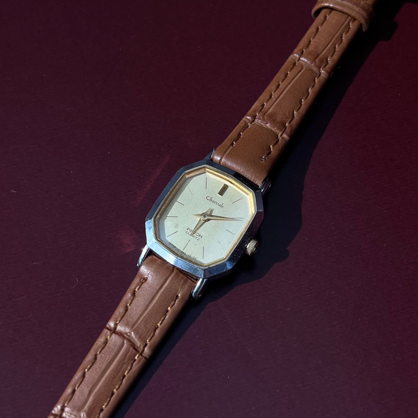 CHARVALE RICOH 1990S QUARTZ OCTAGONAL GOLD DIAL BROWN STRAP JAPAN PRELOVED WATCH