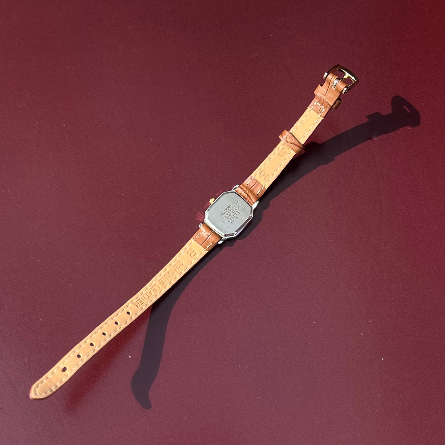 CHARVALE RICOH 1990S QUARTZ OCTAGONAL GOLD DIAL BROWN STRAP JAPAN PRELOVED WATCH