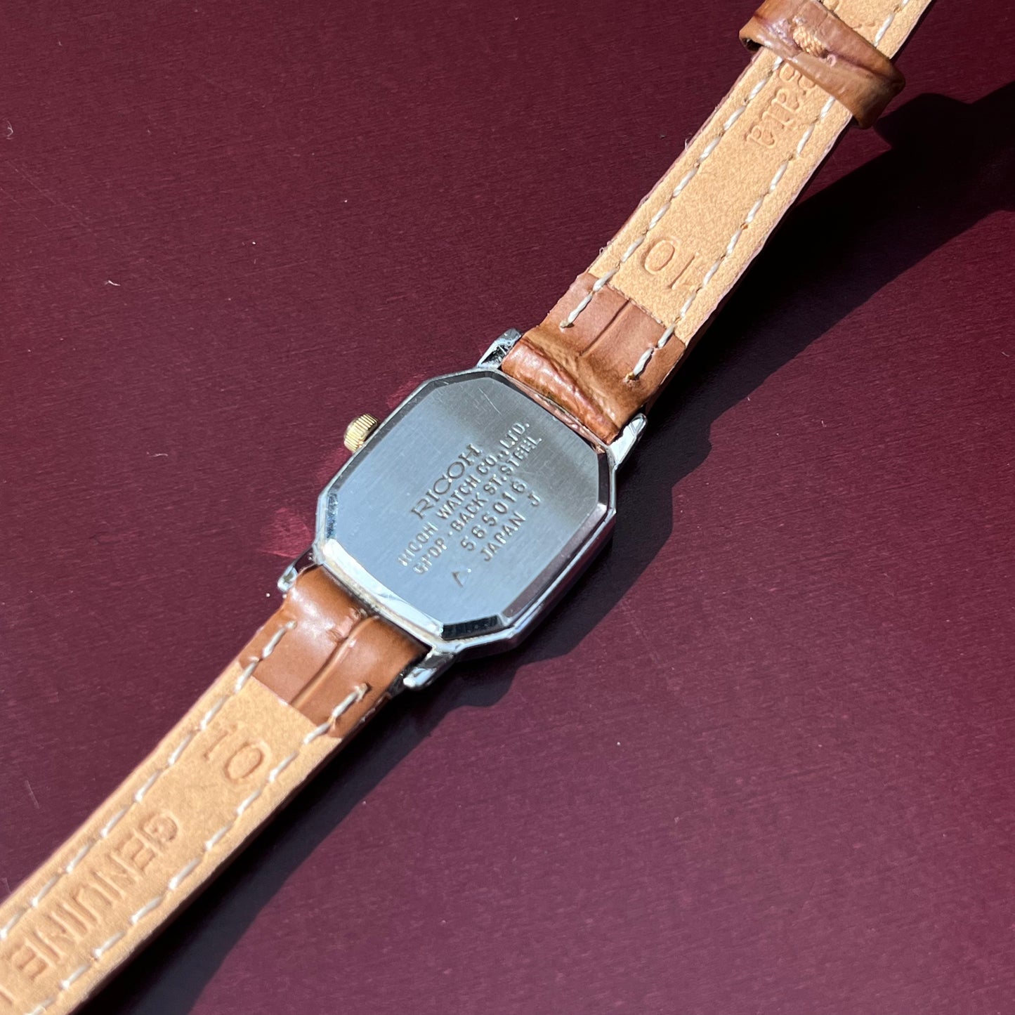 CHARVALE RICOH 1990S QUARTZ OCTAGONAL GOLD DIAL BROWN STRAP JAPAN PRELOVED WATCH