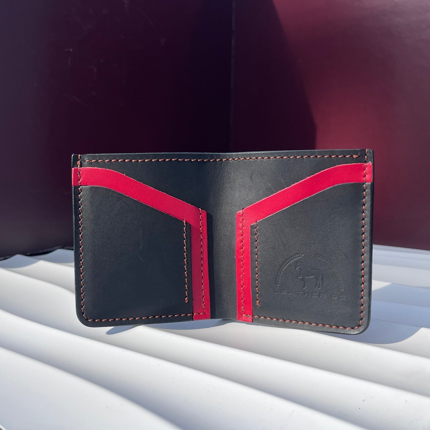 LEATHER SHOP HANDMADE BLACK & RED LEATHER BIFOLD WALLET