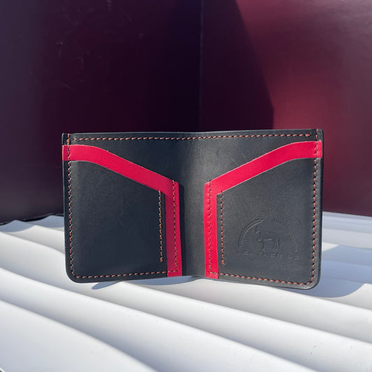 LEATHER SHOP HANDMADE BLACK & RED LEATHER BIFOLD WALLET