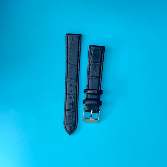 BLACK CROCODILE PATTERN 18MM GENUINE LEATHER WATCH STRAP SILVER TONE BUCKLE