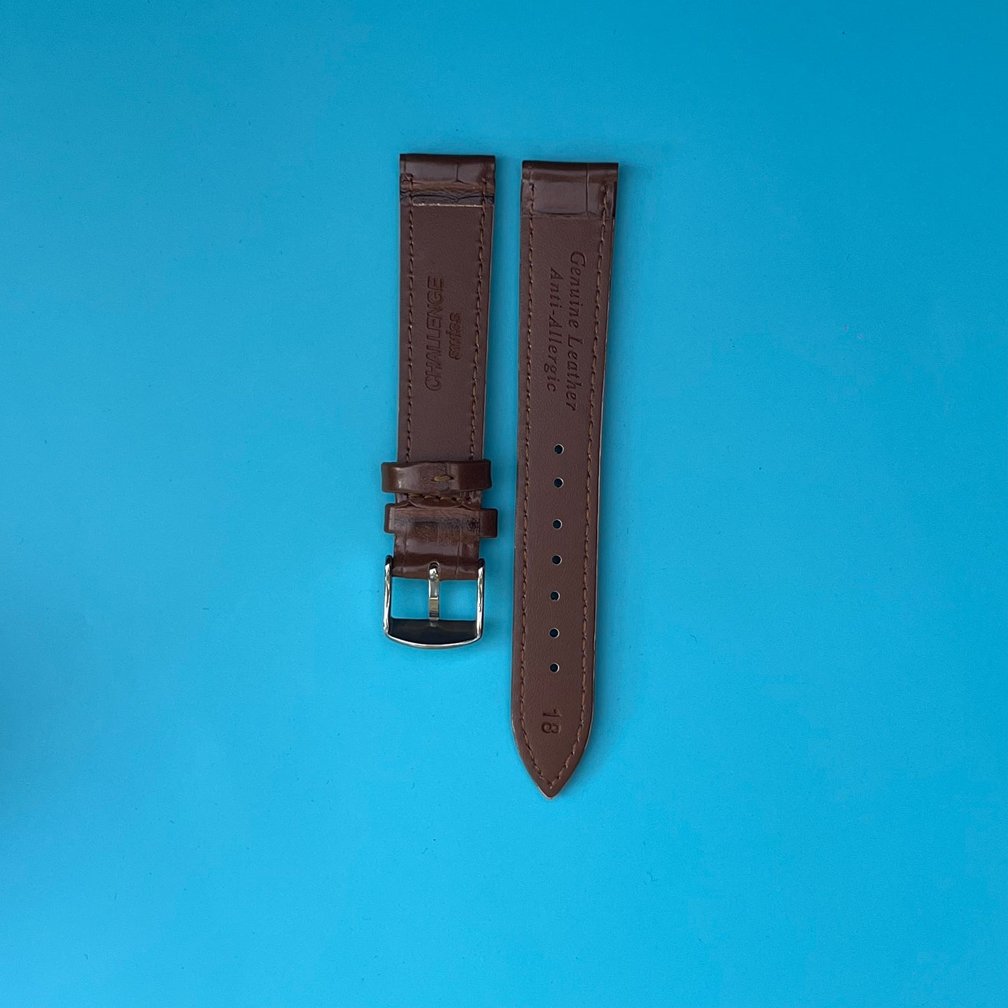 CHALLENGE SWISS GENUINE LEATHER WATCH STRAP 18MM BROWN CROCODILE PATTERN