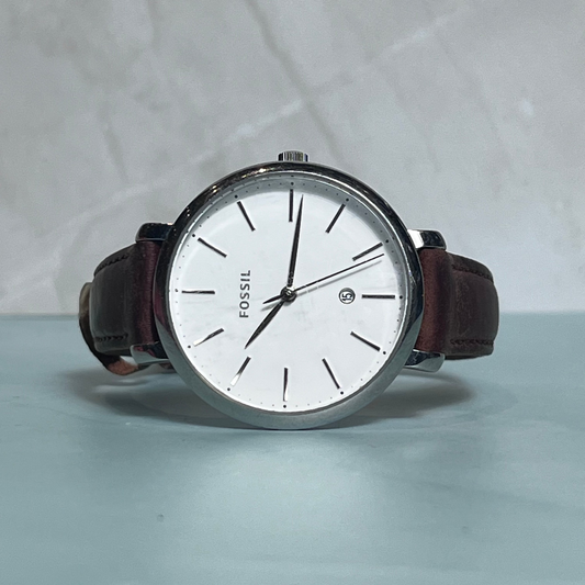 FOSSIL MINIMALIST QUARTZ WHITE DIAL STAINLESS STEEL BROWN STRAP SWISS PRELOVED WATCH