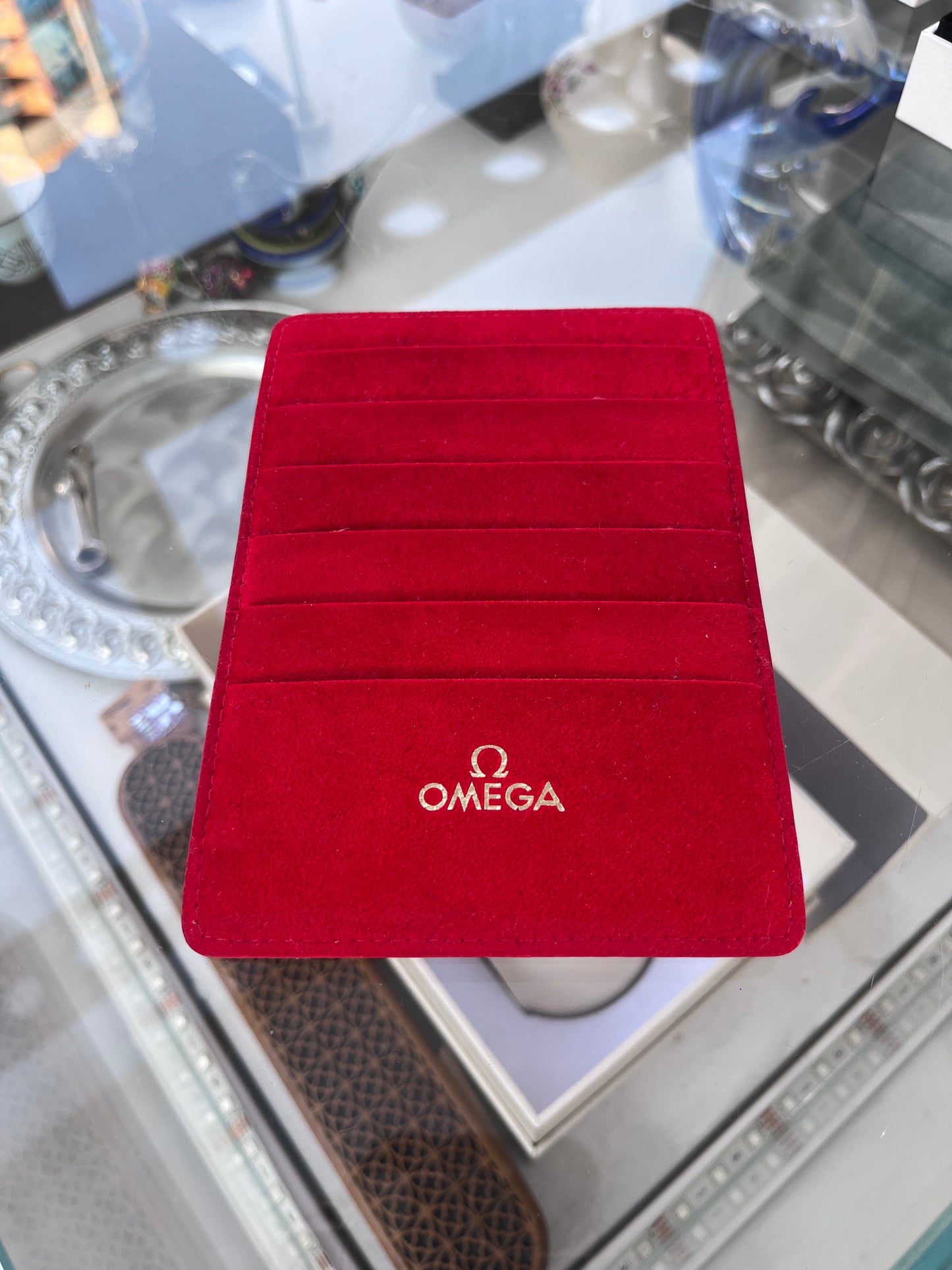 OMEGA RED SUEDE CARD HOLDER WALLET WITH 8 CARD SLOTS PRE-LOVED