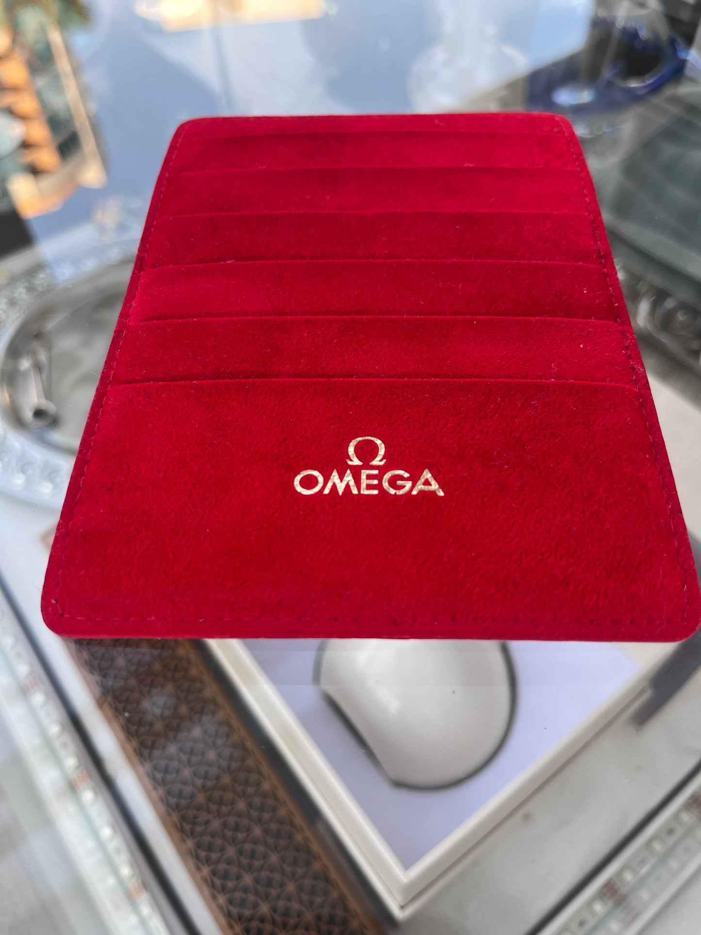 OMEGA RED SUEDE CARD HOLDER WALLET WITH 8 CARD SLOTS PRE-LOVED