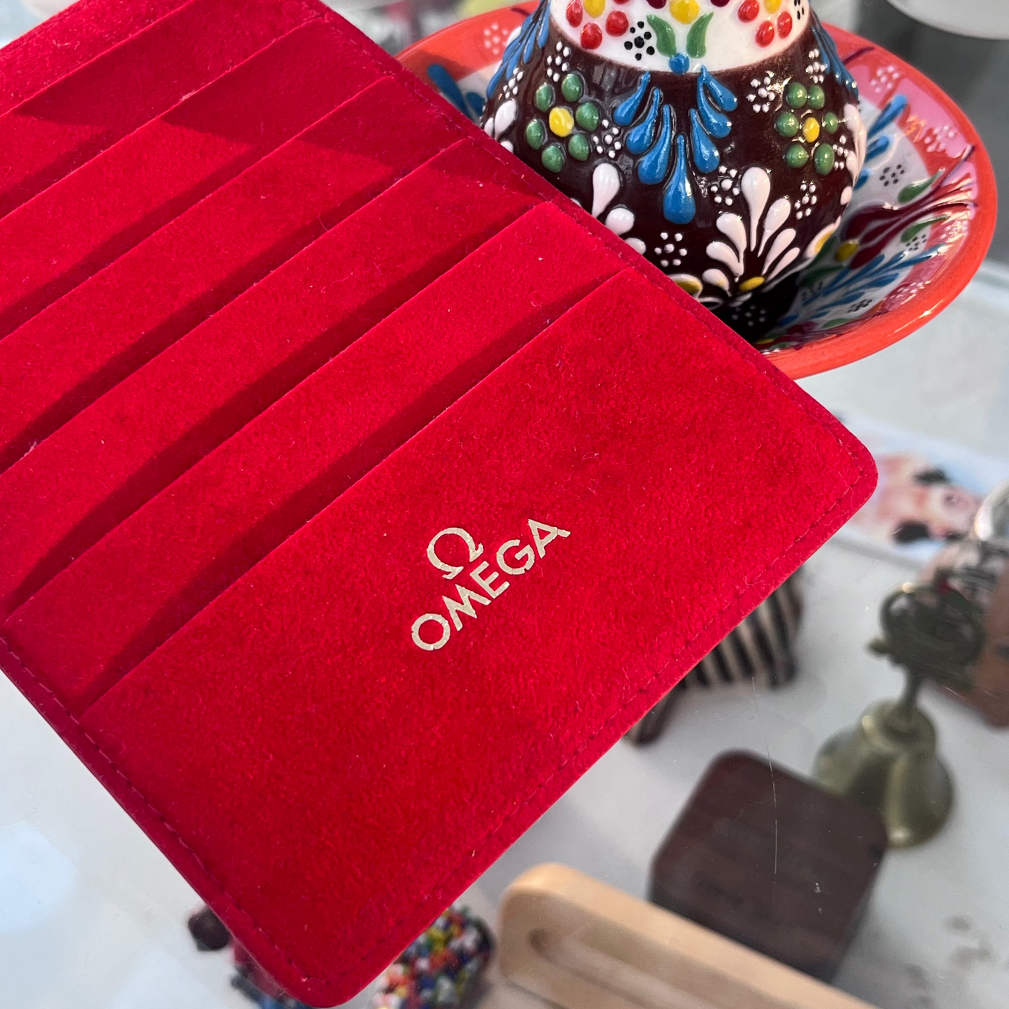 OMEGA RED SUEDE CARD HOLDER WALLET WITH 8 CARD SLOTS PRE-LOVED