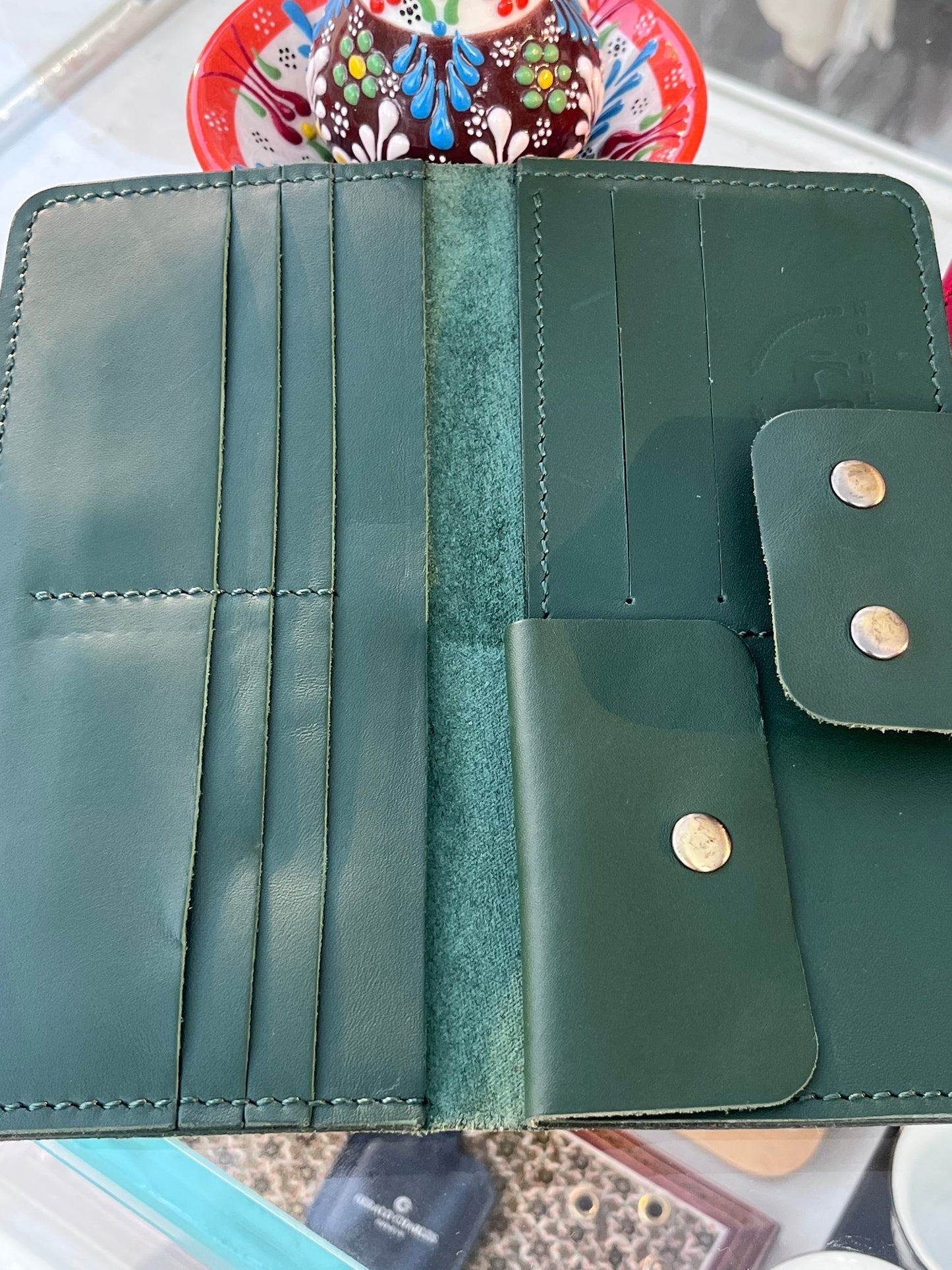 HANDMADE GREEN LEATHER LONG WALLET WITH SNAP CLOSURE AND CARD SLOTS