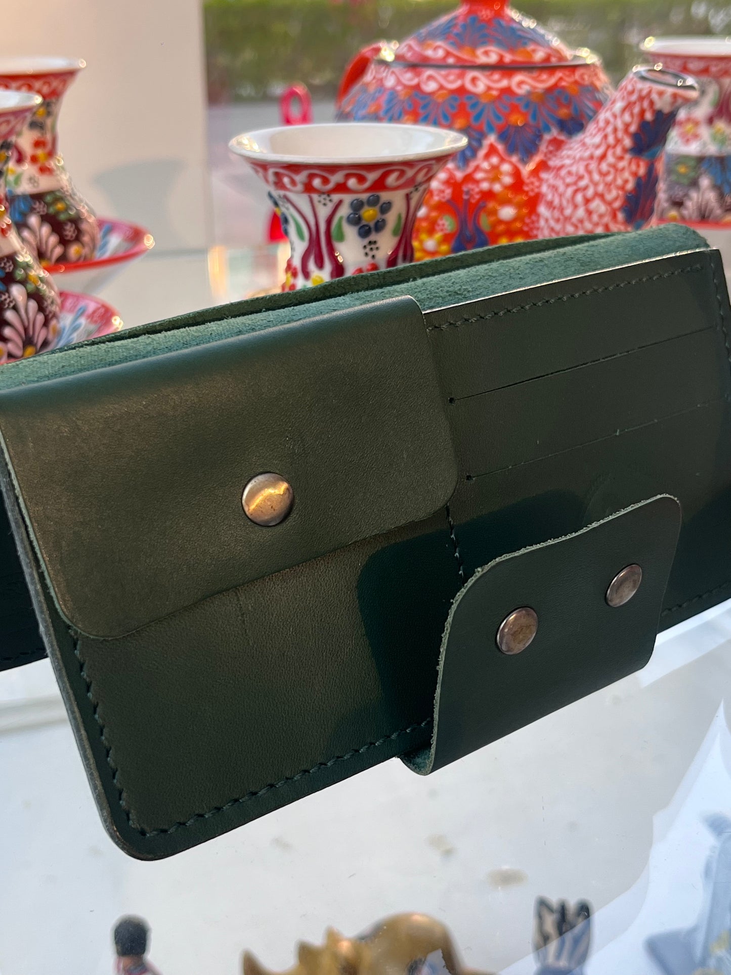 HANDMADE GREEN LEATHER LONG WALLET WITH SNAP CLOSURE AND CARD SLOTS