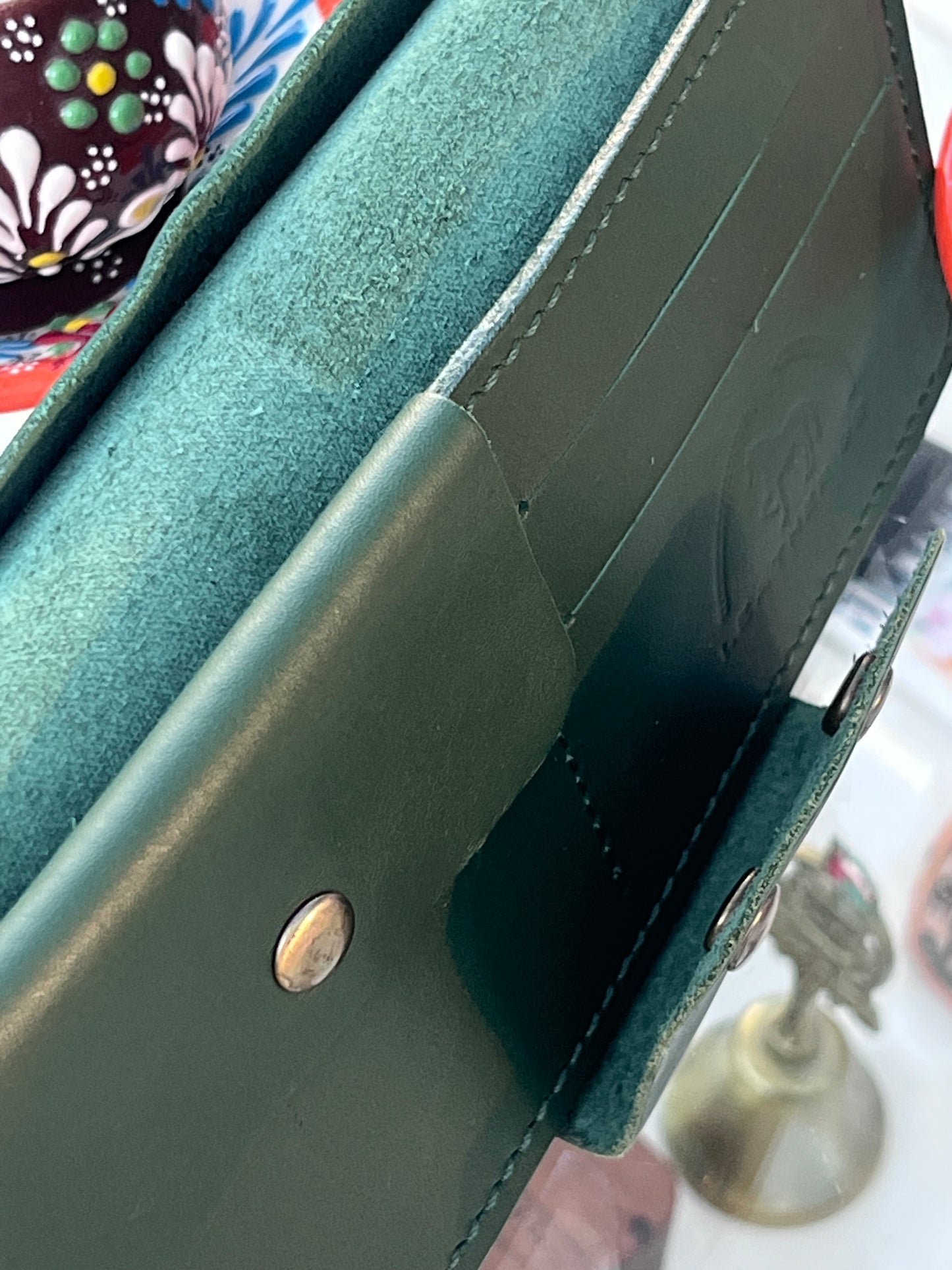 HANDMADE GREEN LEATHER LONG WALLET WITH SNAP CLOSURE AND CARD SLOTS