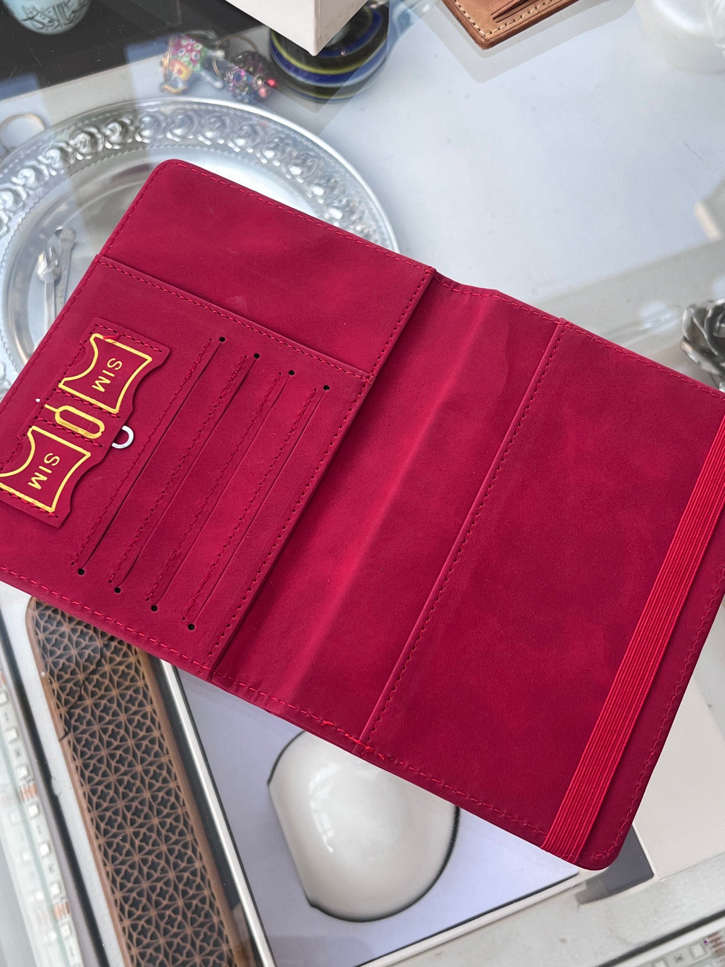 DUTYFREE RED PASSPORT HOLDER TRAVEL WALLET WITH SIM CARD STORAGE ELASTIC CLOSURE