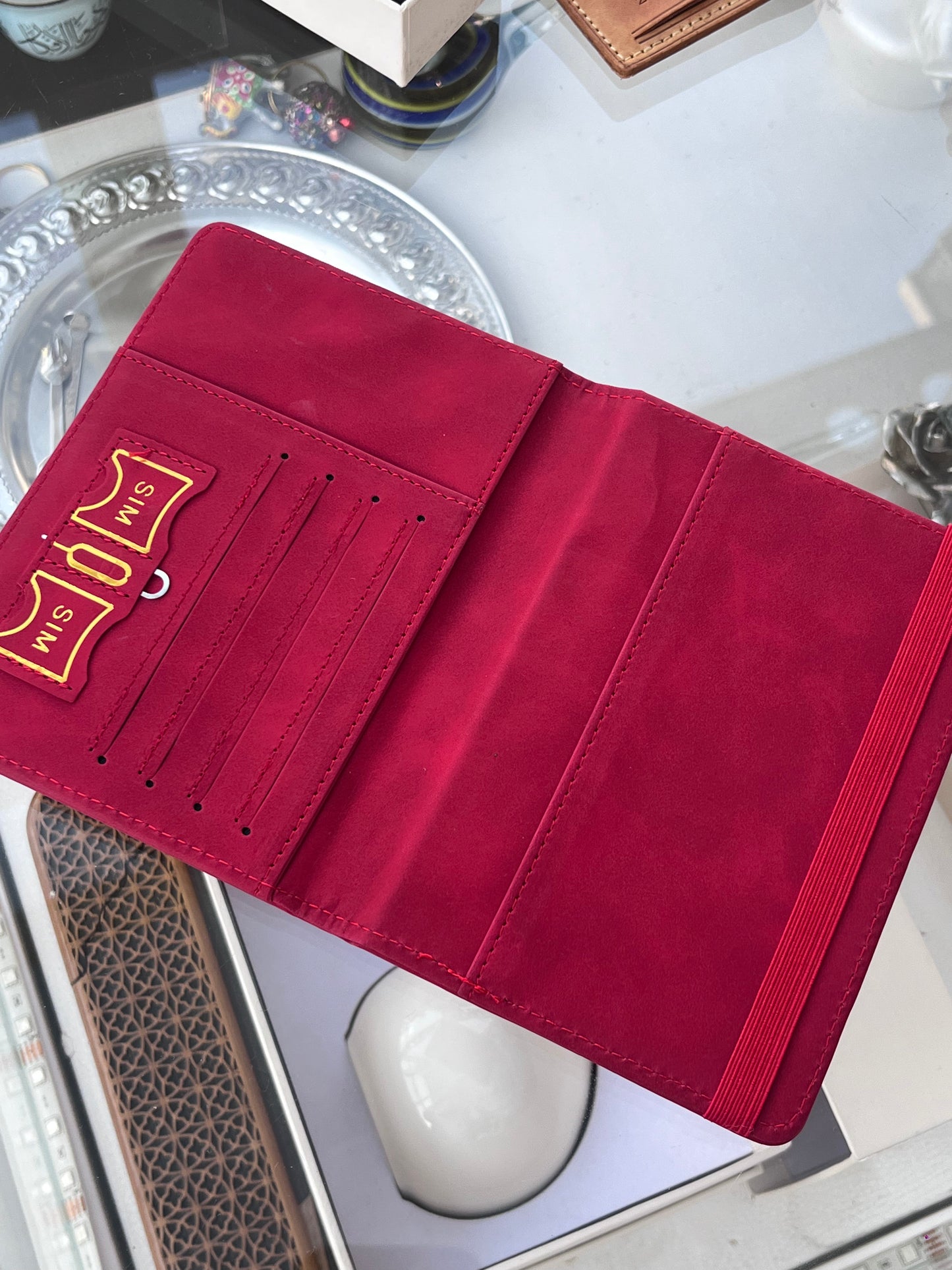 DUTYFREE RED PASSPORT HOLDER TRAVEL WALLET WITH SIM CARD STORAGE ELASTIC CLOSURE