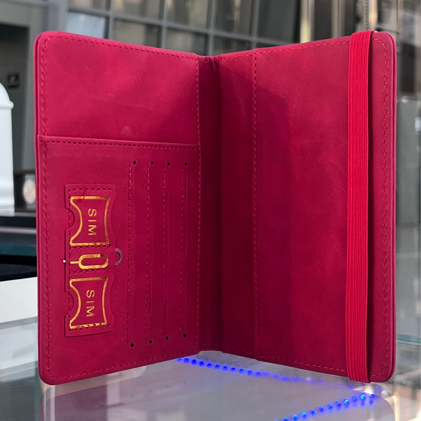 DUTYFREE RED PASSPORT HOLDER TRAVEL WALLET WITH SIM CARD STORAGE ELASTIC CLOSURE