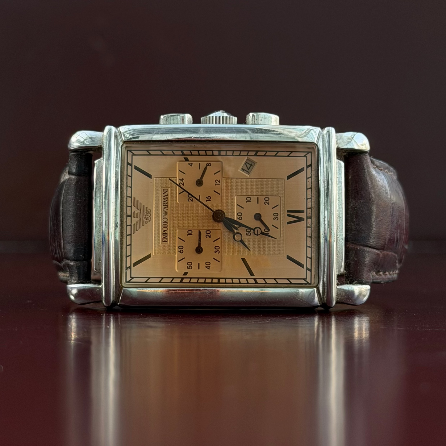 EMPORIO ARMANI RECTANGULAR CHRONOGRAPH QUARTZ ITALY PRE-LOVED WATCH