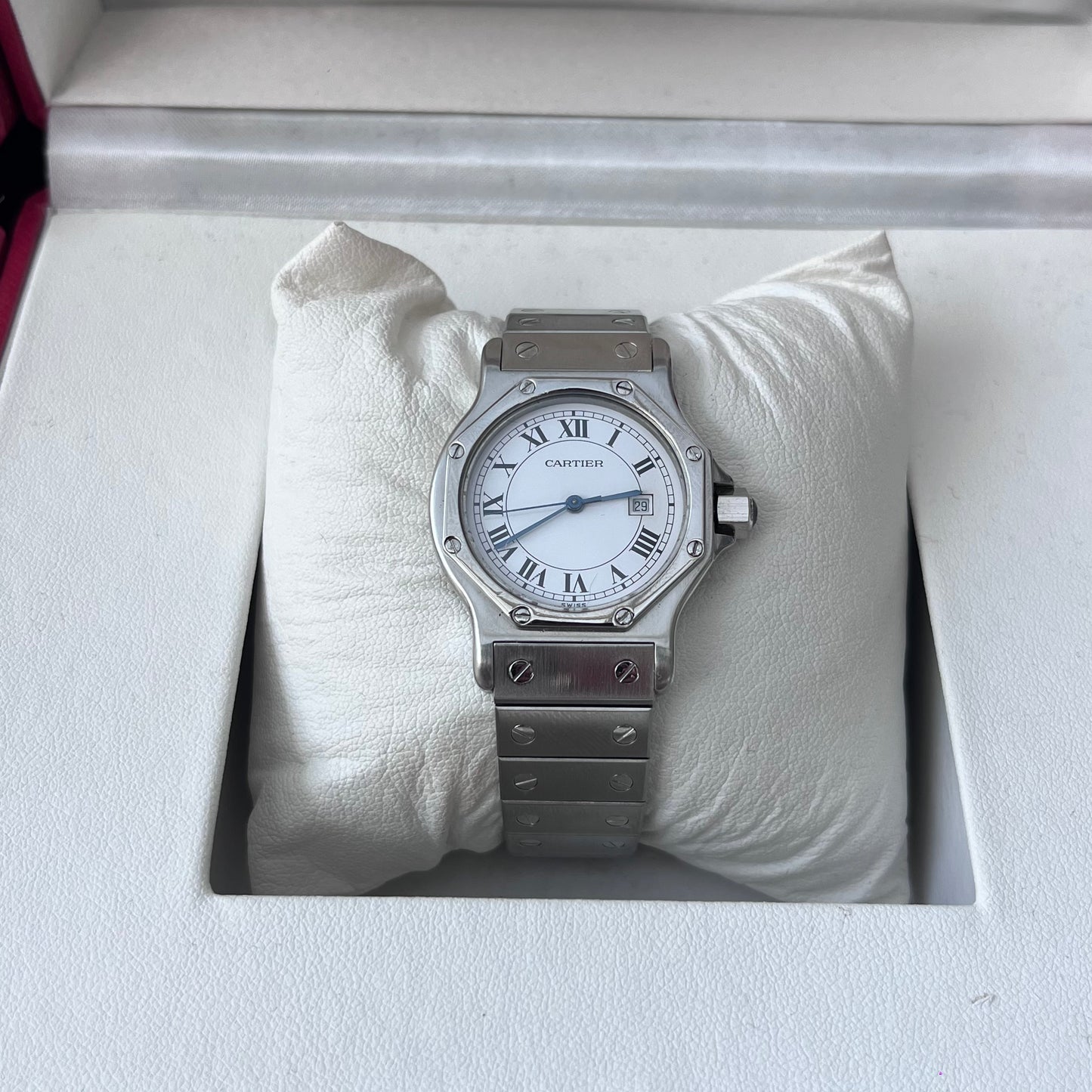 CARTIER SANTOS OCTAGON AUTOMATIC SOLID GOLD BEZEL WHITE ROMAN DIAL SWISS PRE-LOVED WATCH