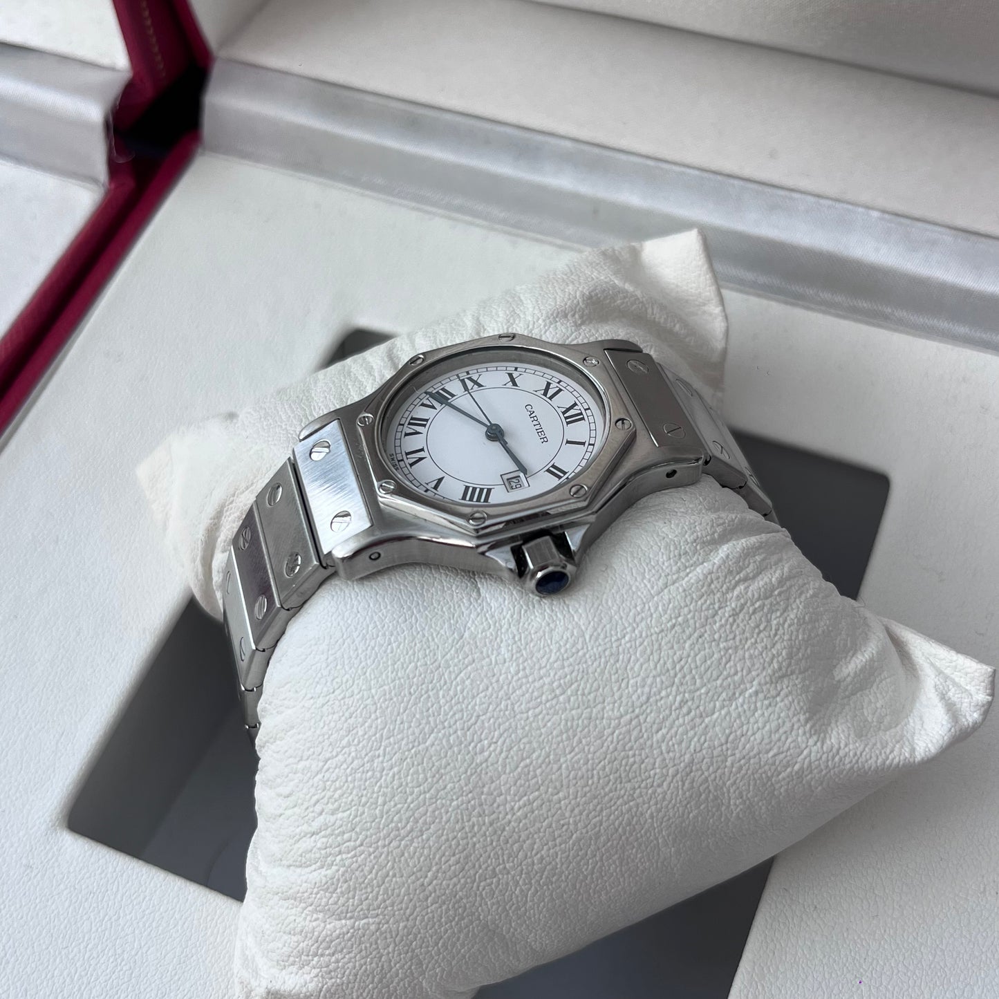CARTIER SANTOS OCTAGON AUTOMATIC SOLID GOLD BEZEL WHITE ROMAN DIAL SWISS PRE-LOVED WATCH