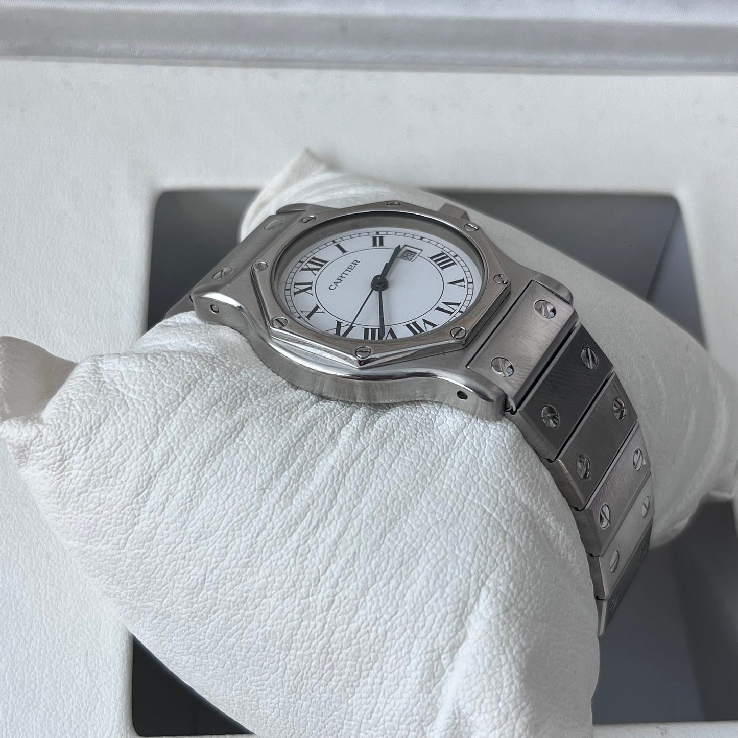 CARTIER SANTOS OCTAGON AUTOMATIC SOLID GOLD BEZEL WHITE ROMAN DIAL SWISS PRE-LOVED WATCH