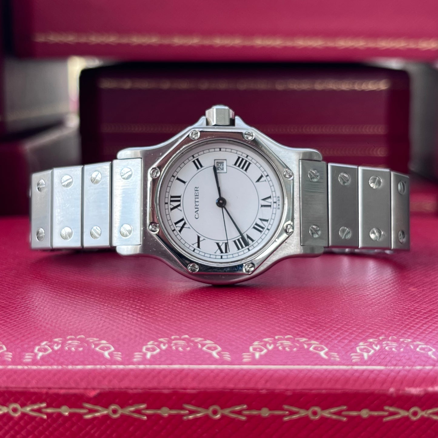 CARTIER SANTOS OCTAGON AUTOMATIC SOLID GOLD BEZEL WHITE ROMAN DIAL SWISS PRE-LOVED WATCH