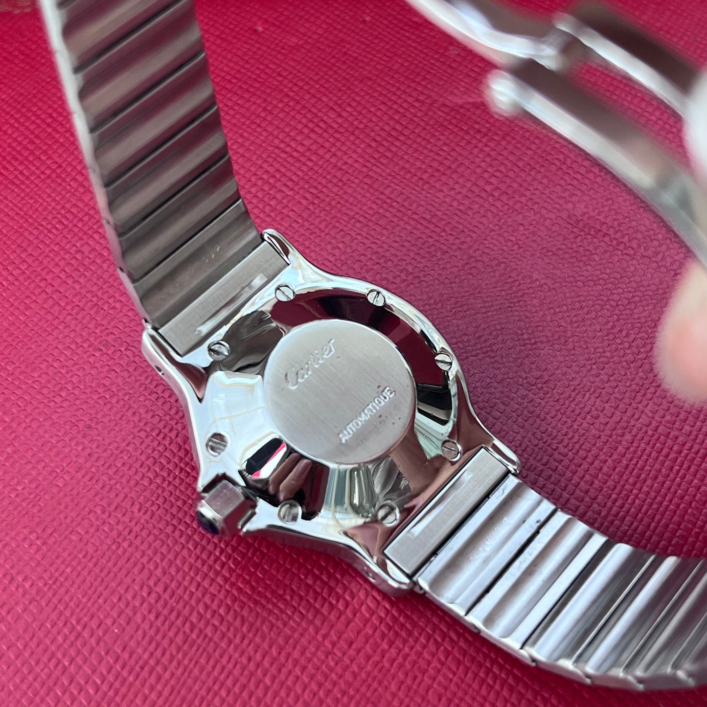 CARTIER SANTOS OCTAGON AUTOMATIC SOLID GOLD BEZEL WHITE ROMAN DIAL SWISS PRE-LOVED WATCH