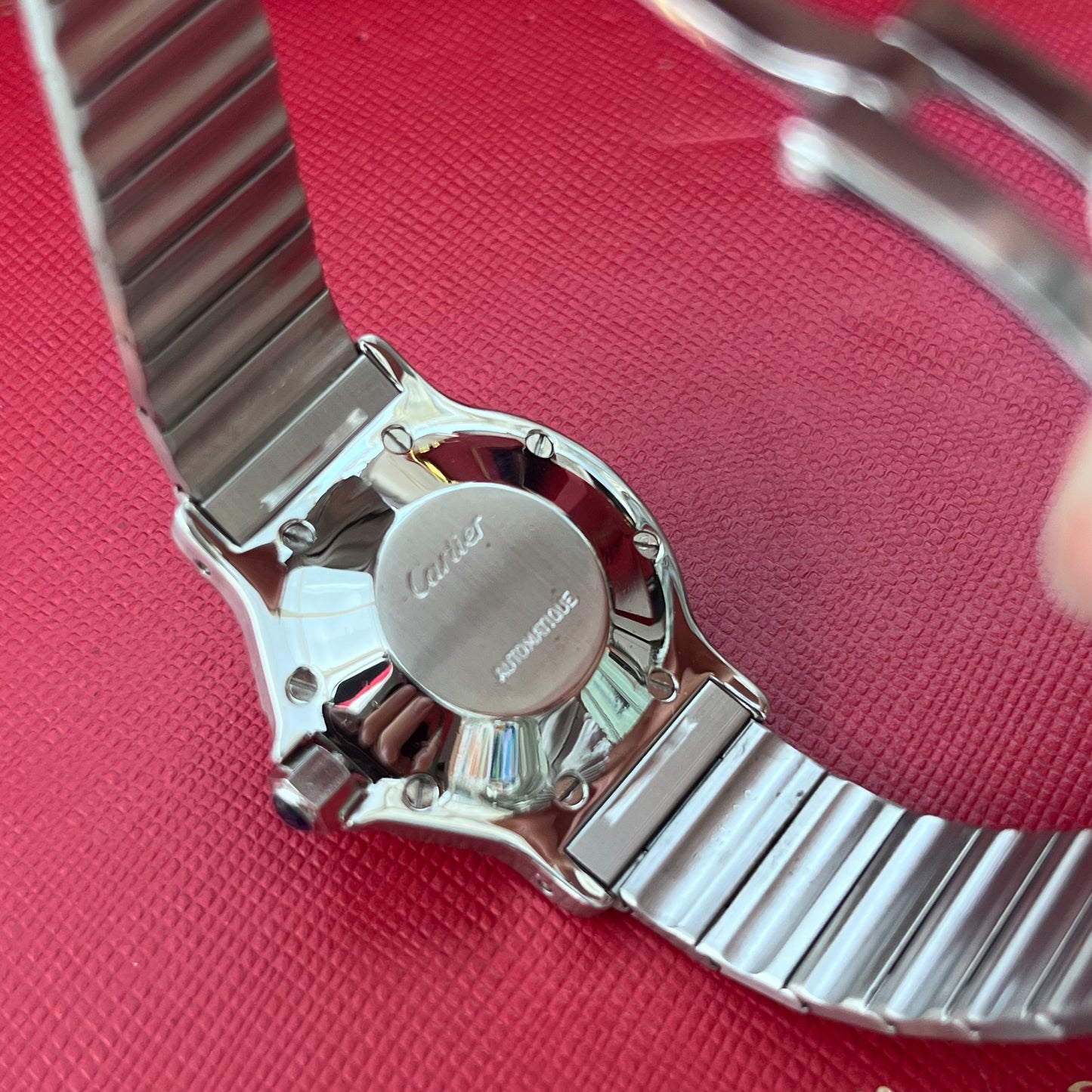 CARTIER SANTOS OCTAGON AUTOMATIC SOLID GOLD BEZEL WHITE ROMAN DIAL SWISS PRE-LOVED WATCH