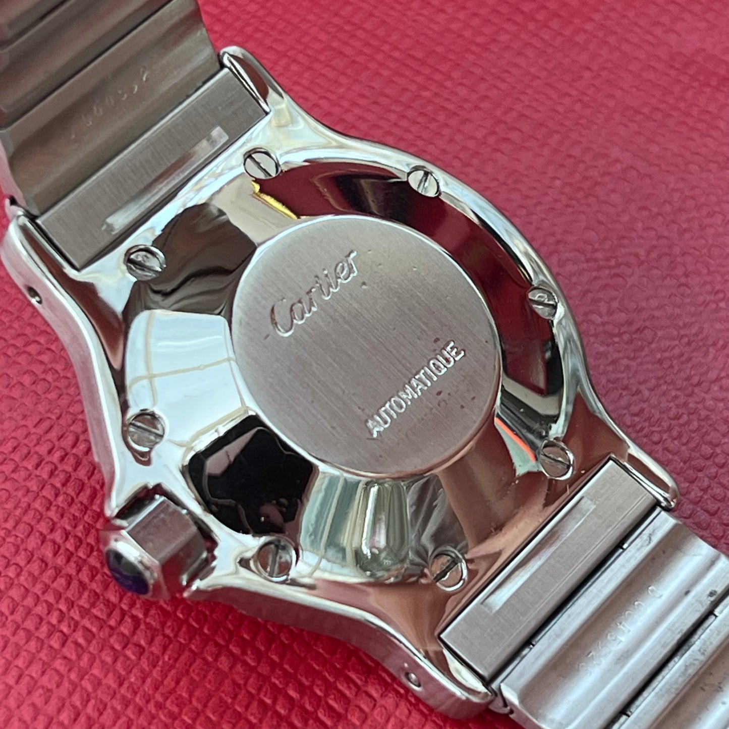 CARTIER SANTOS OCTAGON AUTOMATIC SOLID GOLD BEZEL WHITE ROMAN DIAL SWISS PRE-LOVED WATCH