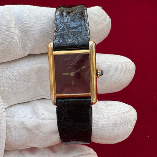 CARTIER TANK BURGUNDY SMALL VINTAGE 1980s SPIDER DIAL MANUAL WINDING GOLDPLATED SILVER CASE PREOWNED SWISS WATCH