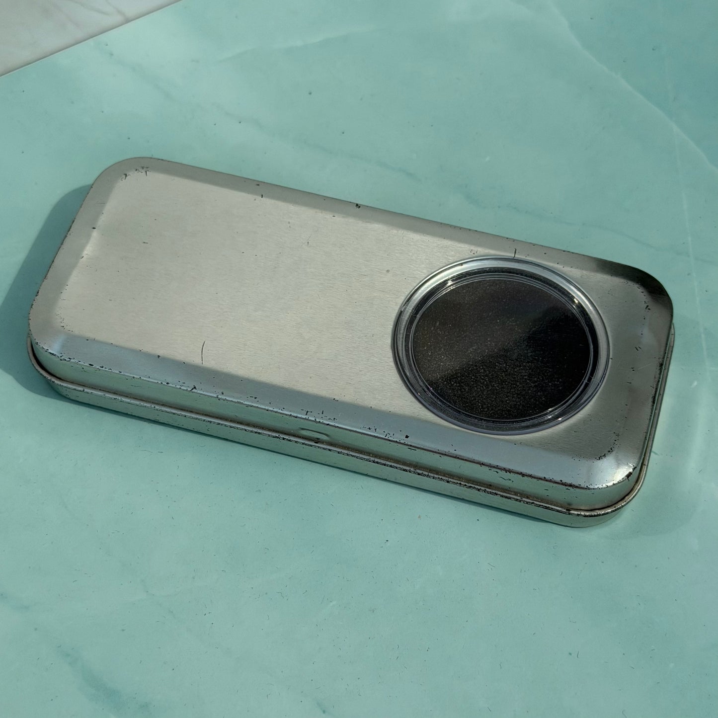 SILVER METAL PRESENTATION STORAGE TIN BOX WITH FOAM INSERT AND DISPLAY WINDOW