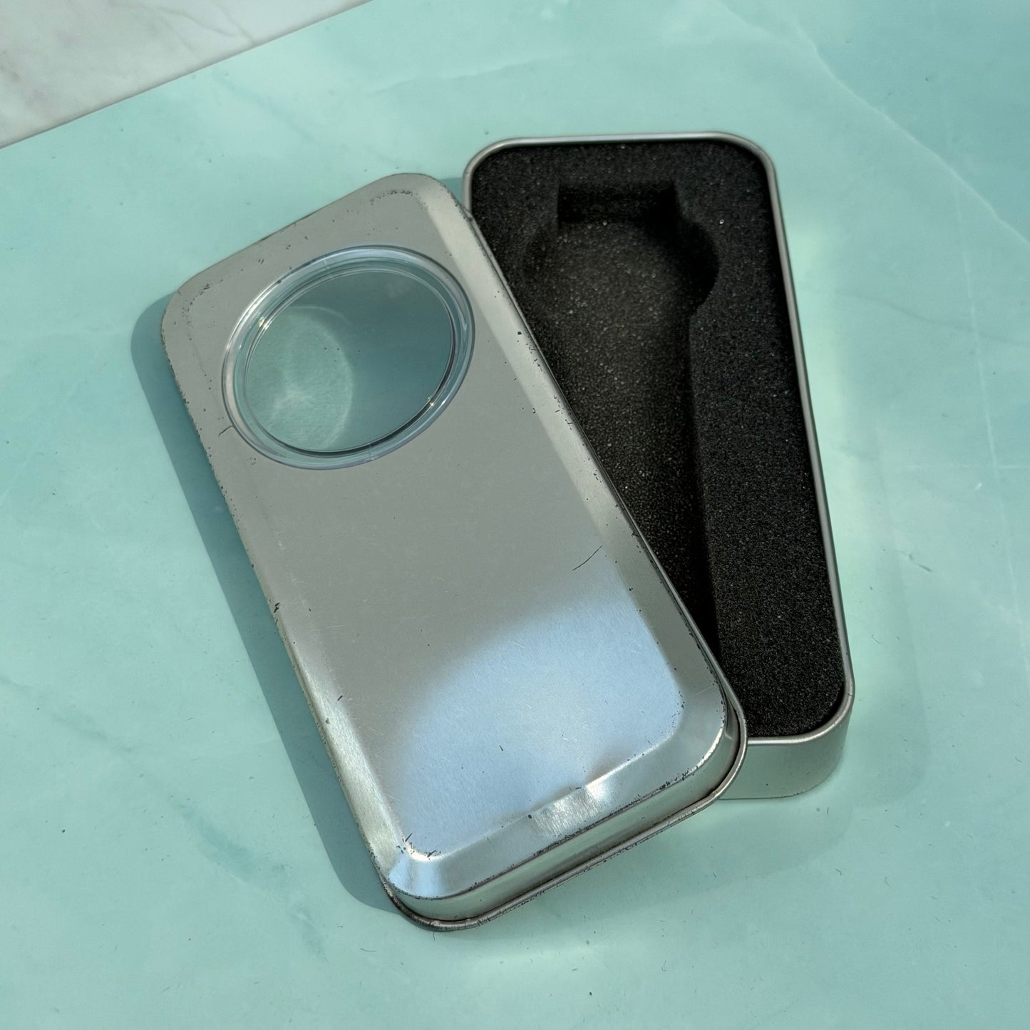 SILVER METAL PRESENTATION STORAGE TIN BOX WITH FOAM INSERT AND DISPLAY WINDOW