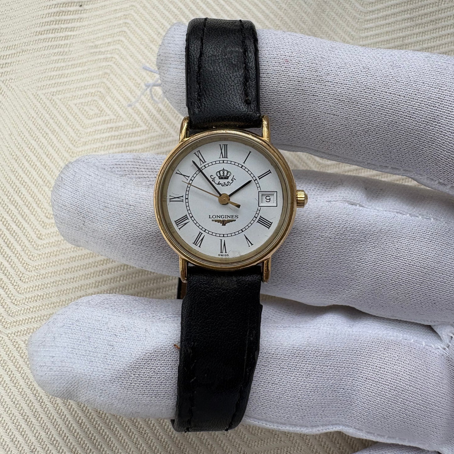 LONGINES LADIES KING OF JORDAN KING HUSSAIN SIGNED DIAL 1990s GOLD PLATED PREOWNED QUARTZ SWISS WATCH