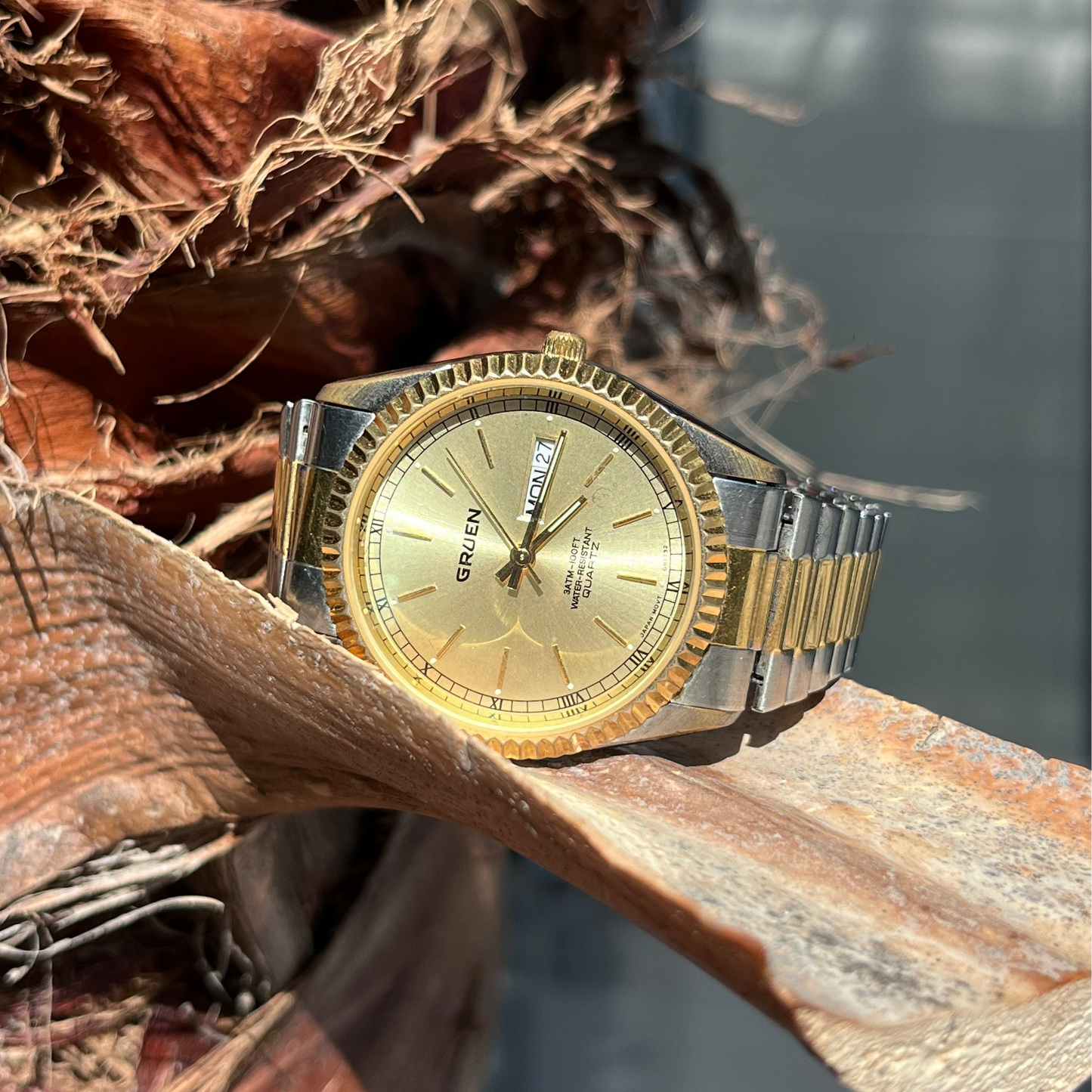 GRUEN DAY-DATE GOLD PLATED QUARTZ JAPAN PRELOVED WATCH