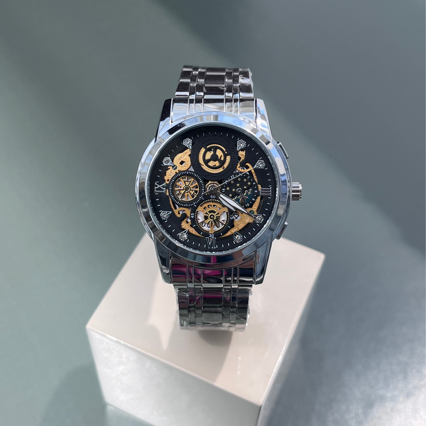 SKELETON GEAR DIAL QUARTZ STEEL BRAND NEW FASHION WATCH