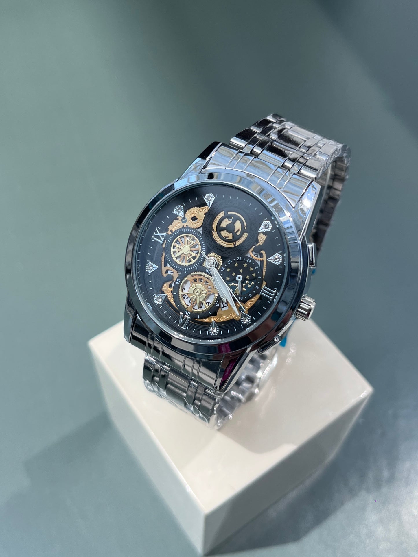 SKELETON GEAR DIAL QUARTZ STEEL BRAND NEW FASHION WATCH