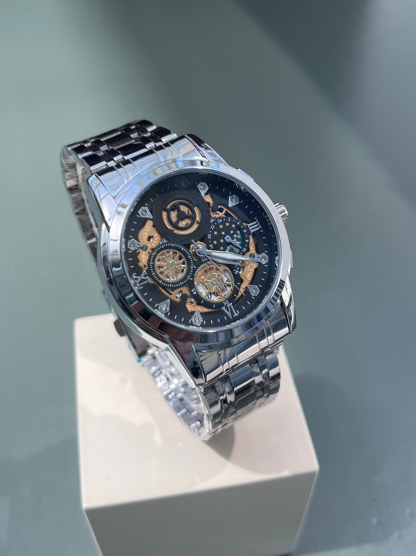 SKELETON GEAR DIAL QUARTZ STEEL BRAND NEW FASHION WATCH